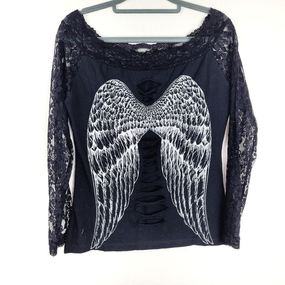 Black Lace Angel Wing Cut Up Long Sleeve Top